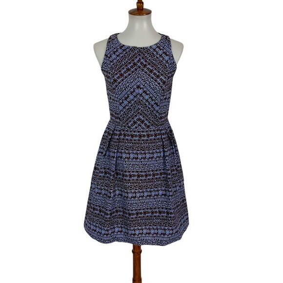 Eva Franco Blue Brown Geometric Fit And Flare Sleeveless Dress 4 Retro Chic - Picture 1 of 7